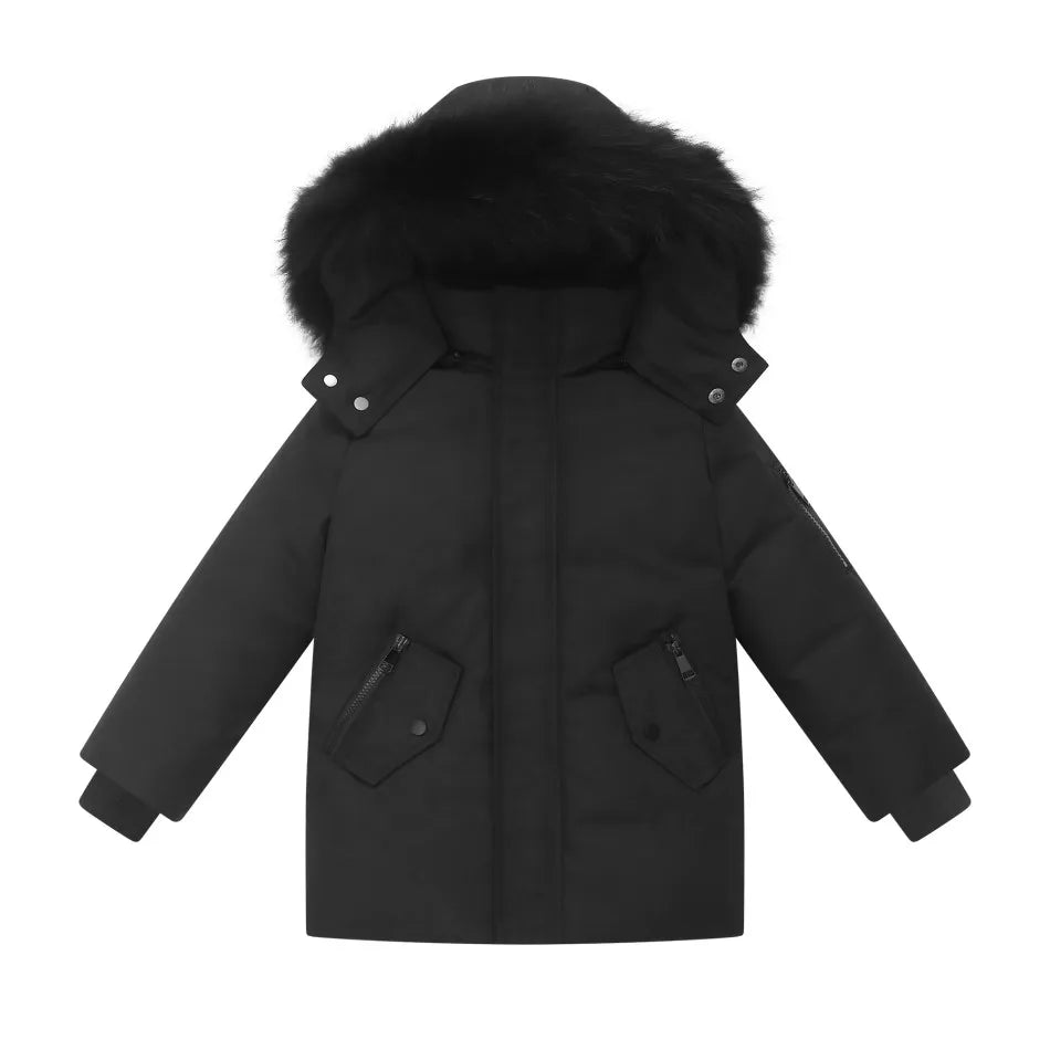 Kids Down Winter Coats with Fur-Trimmed Hoods, Black or Navy Short Bomber and Long Parka Styles for Boys and Girls, Child and Teen Size Options