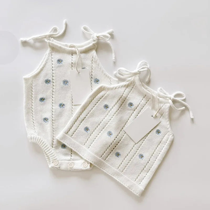 Sleeveless Baby Girl Bodysuit with Floral Cotton Knit and Tie Shoulders, White Openwork Summer One-Piece Outfit for Family Photos, 0-24M