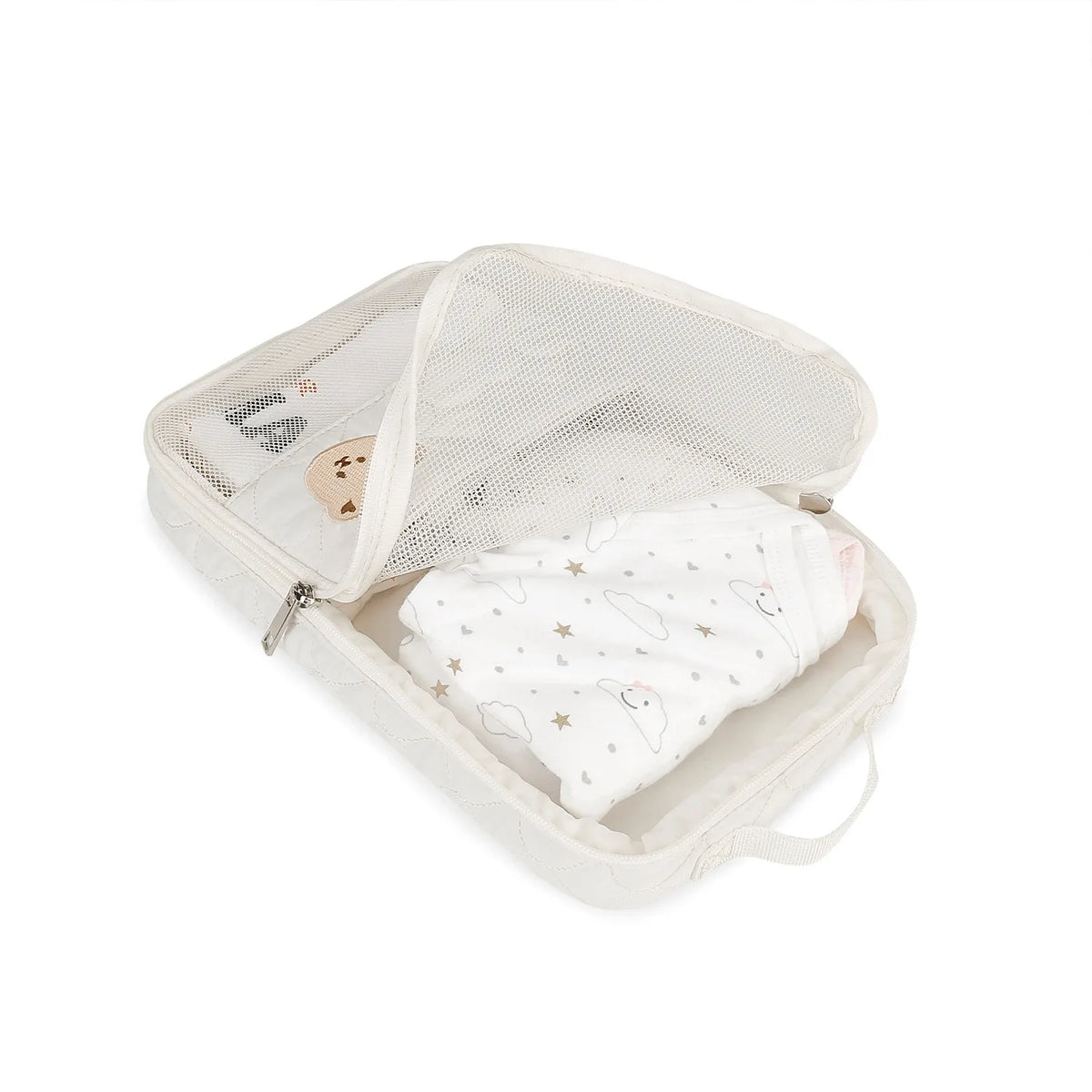 Diaper Organizer Bag with Mesh Front and White Bear Detail, Portable Zip Pouch for Baby Clothes, Changing Essentials and Family Travel