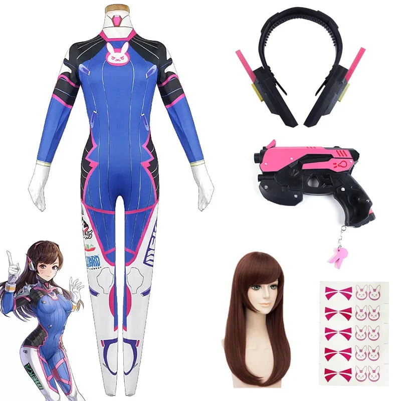 D.va Cosplay Costume and Accessory Options for Women, Blue Character Jumpsuit, Wig, Headset and Prop Selections for Halloween and Conventions