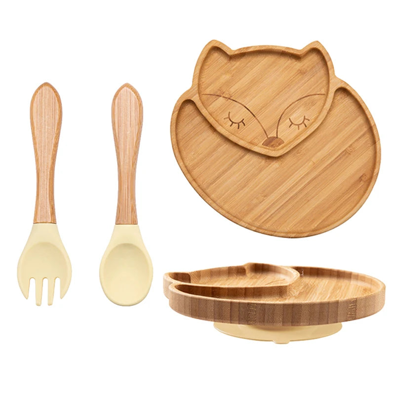 Baby Bamboo Suction Plate Set with Wooden-Handle Spoon and Fork, 3-Piece Cartoon Dinnerware with Divided Elephant Design for Toddler Meals