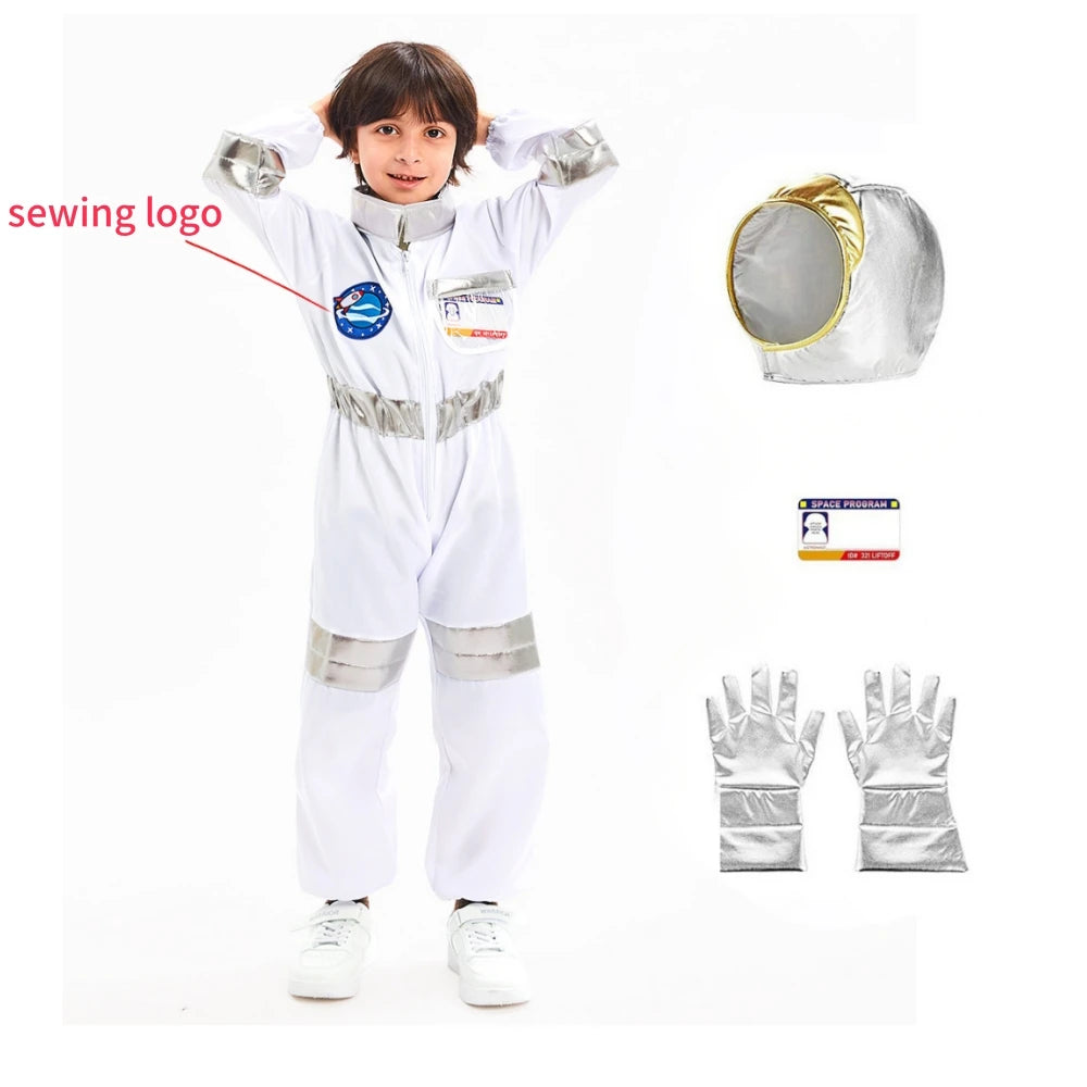 Space Explorer Costume for Kids with White Astronaut Jumpsuit, Space-Themed Patches and Metallic Trim Options for Halloween and Birthday Parties