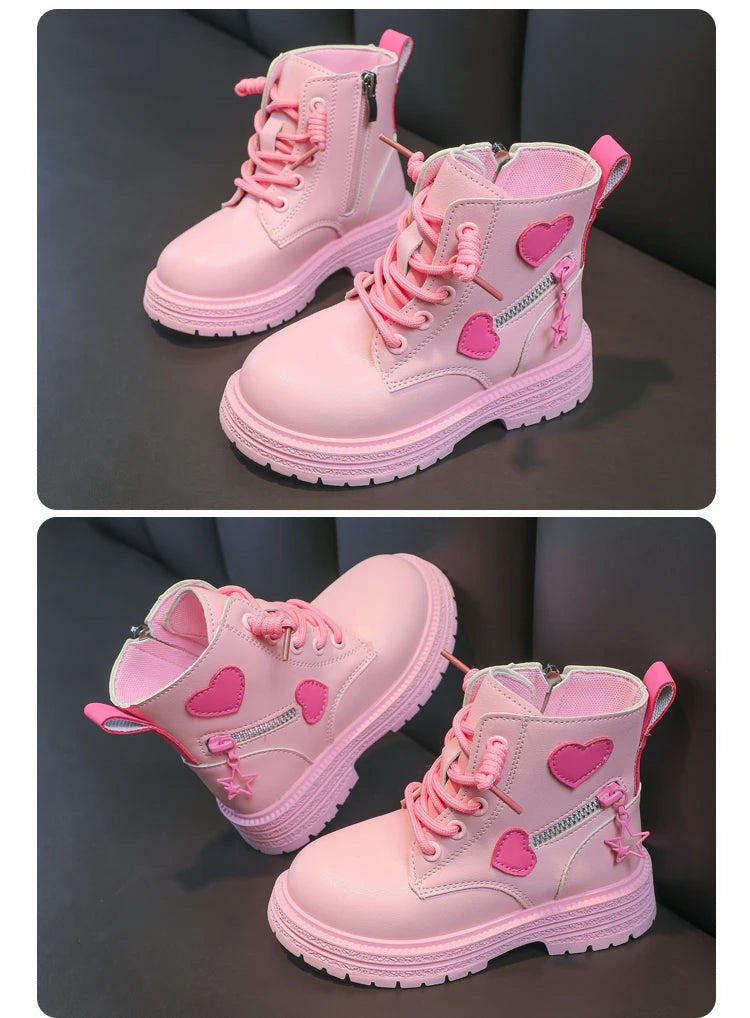Girls Heart Ankle Boots with Lace-Up Front, Side Zipper and Star Accents, Pink or Black Fashion Shoes with Optional Plush Lining, Sizes 26–37