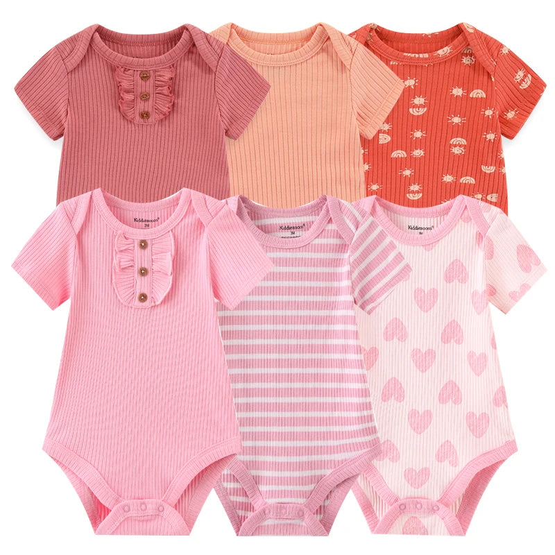 Baby Cotton Bodysuit Set, 6-Piece Short Sleeve Outfits with Envelope Shoulders and Snap Crotch for Boys and Girls, Sizes 3M-12M