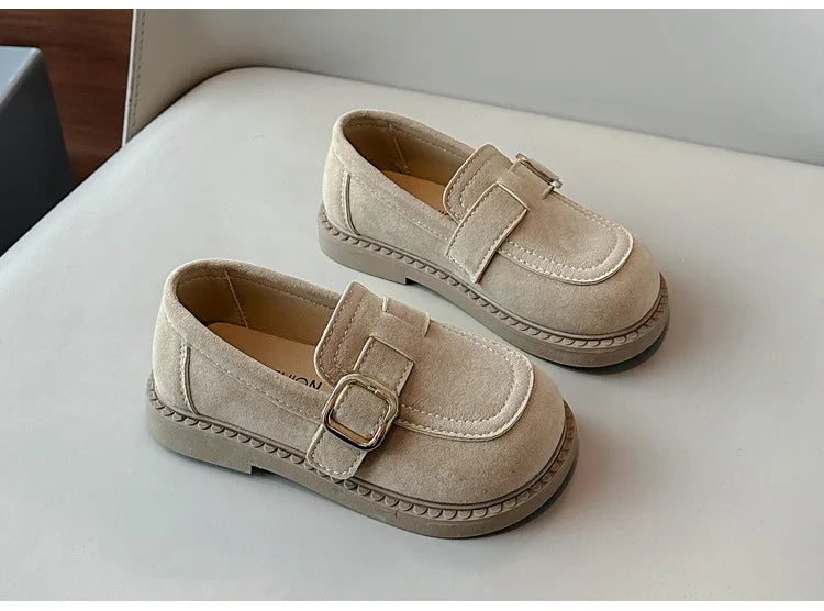 Girls Buckle Loafers with Rounded Toe and Stitched Detail, Brown or Khaki Casual Flats for School Outfits, Spring and Fall Days