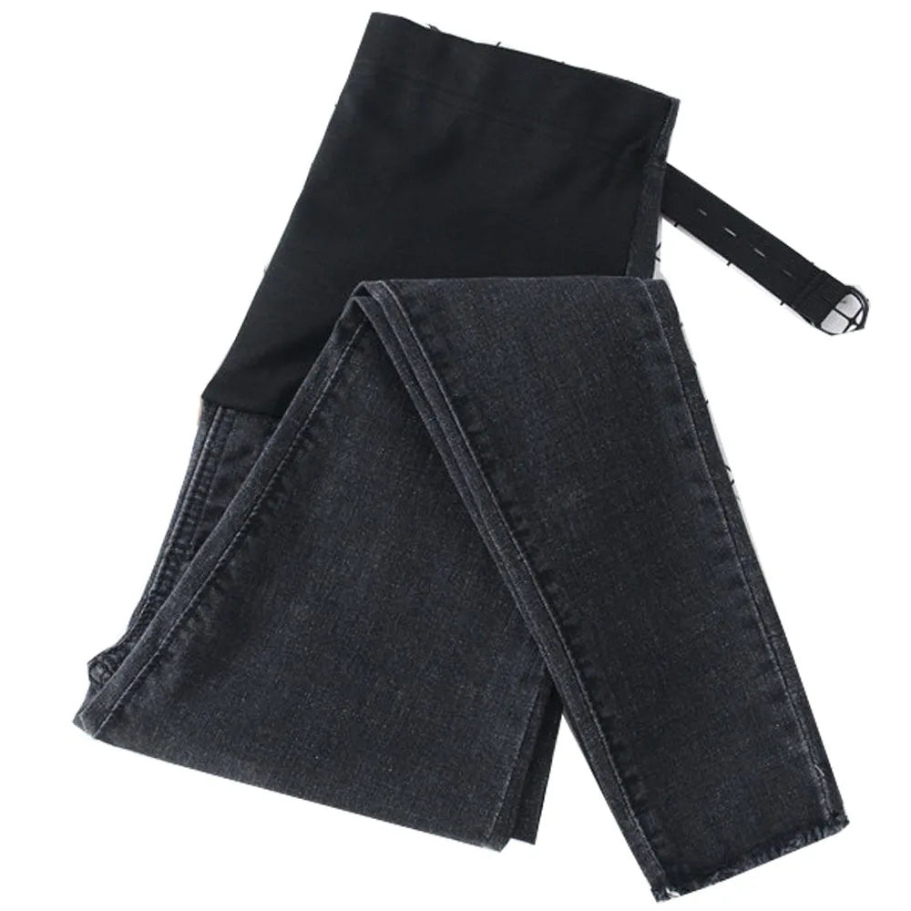 Maternity Denim Jeans with Over-Belly Panel, Blue Pregnancy Pants with Frayed Hem Styling, M-2XL Options for Everyday Casual Outfits