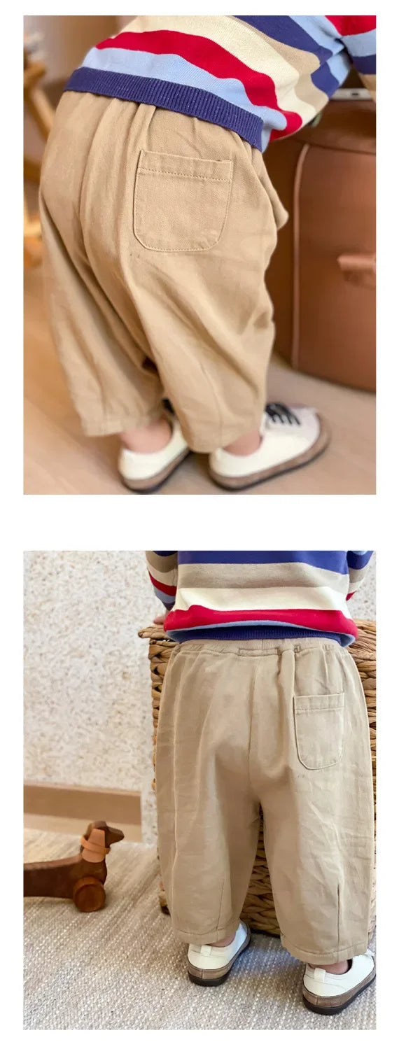 Toddler Pull-On Pants with Elastic Waist and Back Pocket, Solid Color Loose Ankle-Length Trousers for Boys and Girls, Sizes 12M-5T