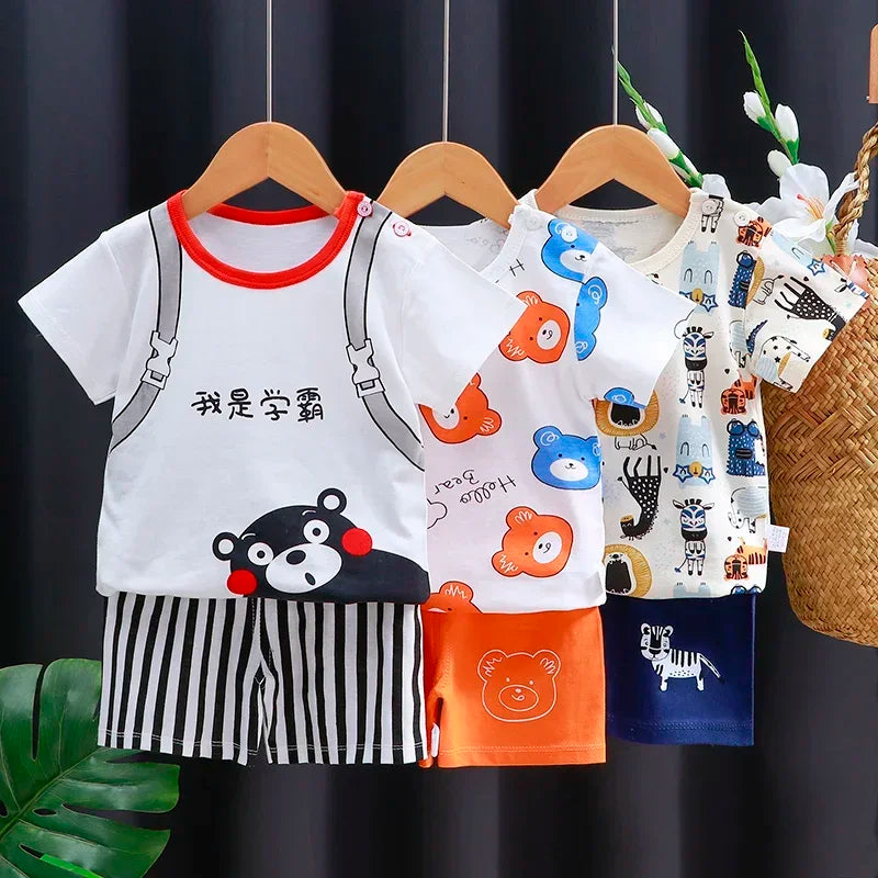 Toddler Cotton Shorts Set with Cartoon Print T-Shirt and Elastic Waist, Two-Piece Casual Baby Outfit in Contrast Colors for Everyday Summer Wear