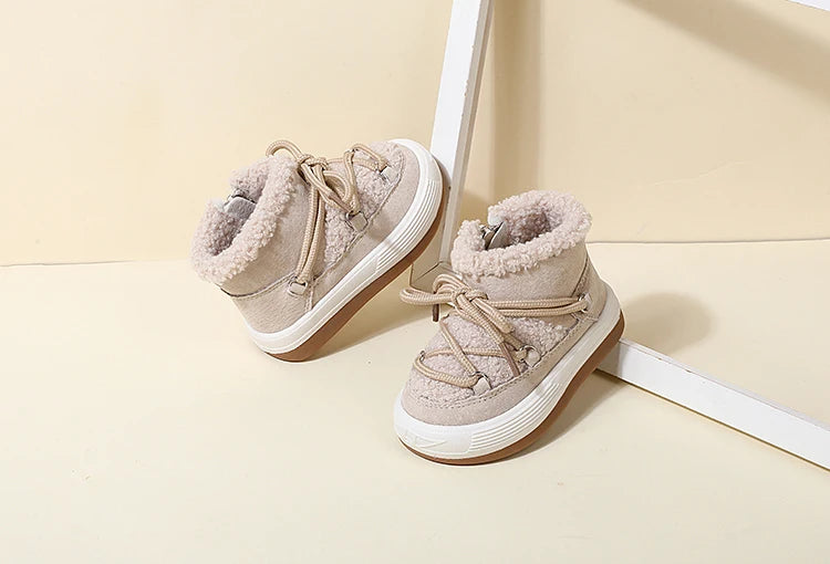 Toddler Plush Ankle Boots with Lace-Up Front, Rubber Soles and Fluffy Trim for Boys and Girls, Beige Black or Pink Cool-Weather Shoes