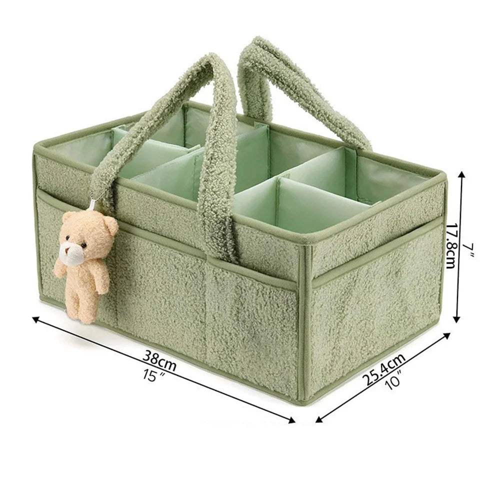 Plush Diaper Caddy with Carry Handles, Divided Compartments and Outer Pockets, Teddy Bear Nursery Organizer for Diapers and Baby Essentials