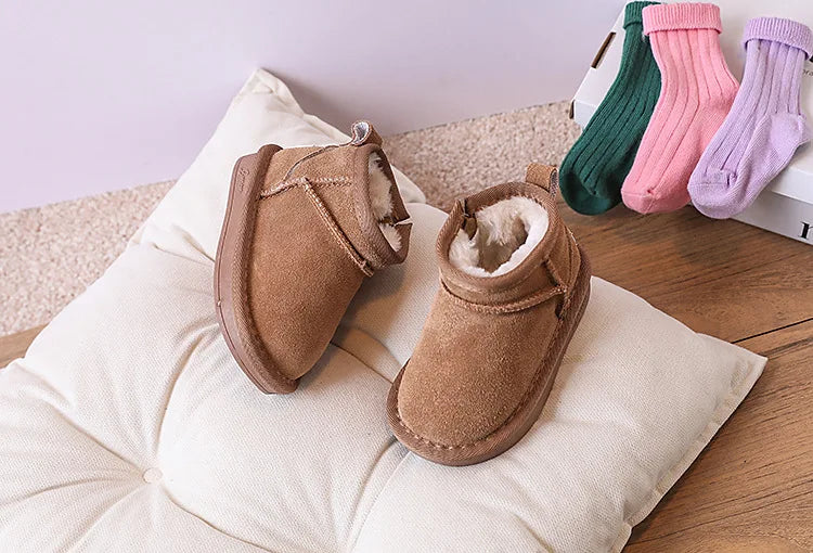 Toddler Plush Winter Booties with Contrast Stitching and Rear Pull Tabs, Camel, Black or Army Green Short Boots for Boys and Girls, Sizes 18-25
