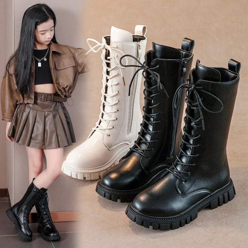 Girls Lace-Up Combat Boots with Side Zipper, Round Toe and Chunky Tread Sole, Mid-Calf Fashion Boots in Black or Beige for Fall and Winter Casual Outfits