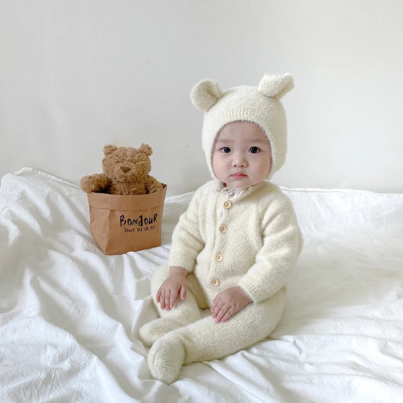 Plush Baby Footed Jumpsuit with Button Front, Bear-Inspired Autumn Winter One-Piece Outfit for Boys and Girls in Four Colors