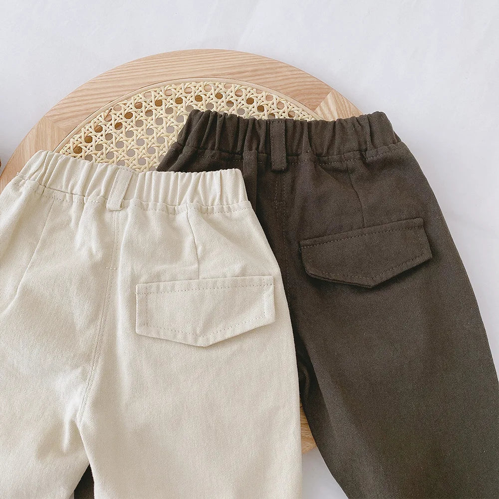 Toddler Cotton Canvas Pants with Elastic Waist and Side Pockets, Unisex Beige or Dark Gray Casual Trousers for Spring and Fall, Sizes 12M-6T