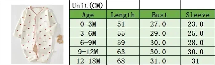 Printed Baby One-Piece Romper with Long Sleeves, Front Opening and Footless Legs, Heart and Animal Style Options for Boys and Girls, Sizes 59-90 cm