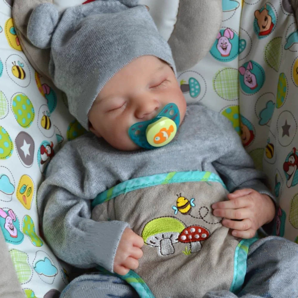 Levi Sleeping Reborn Baby Doll, 17-18 Inch Vinyl Boy or Genderless Cloth Body with Painted Hair, Gray Clothes, Pacifier, Bottle and Birth Card