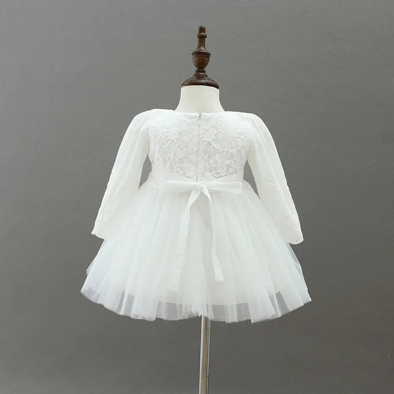 Baby Baptism Gown for Girls with Long Sleeves, Lace Details and Cotton Lining, Dress and Cap Set for Christening and First Birthday Photos