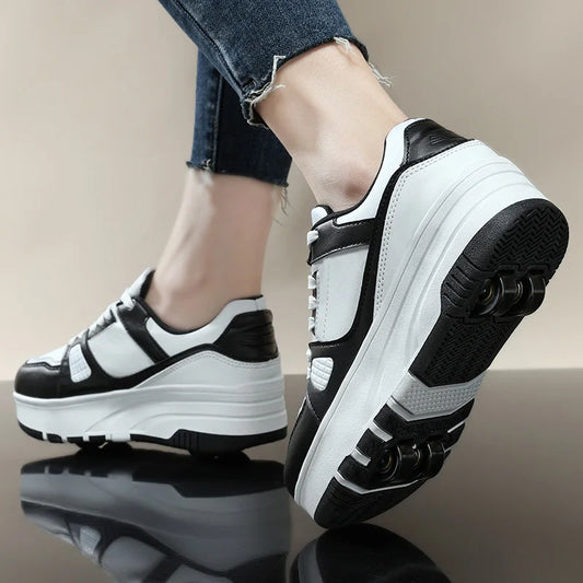 Four-Wheel Roller Shoes for Kids, Lace-Up Wheeled Sneakers in Black or Pink with Front and Rear Wheel Sets for Supervised Skating Practice
