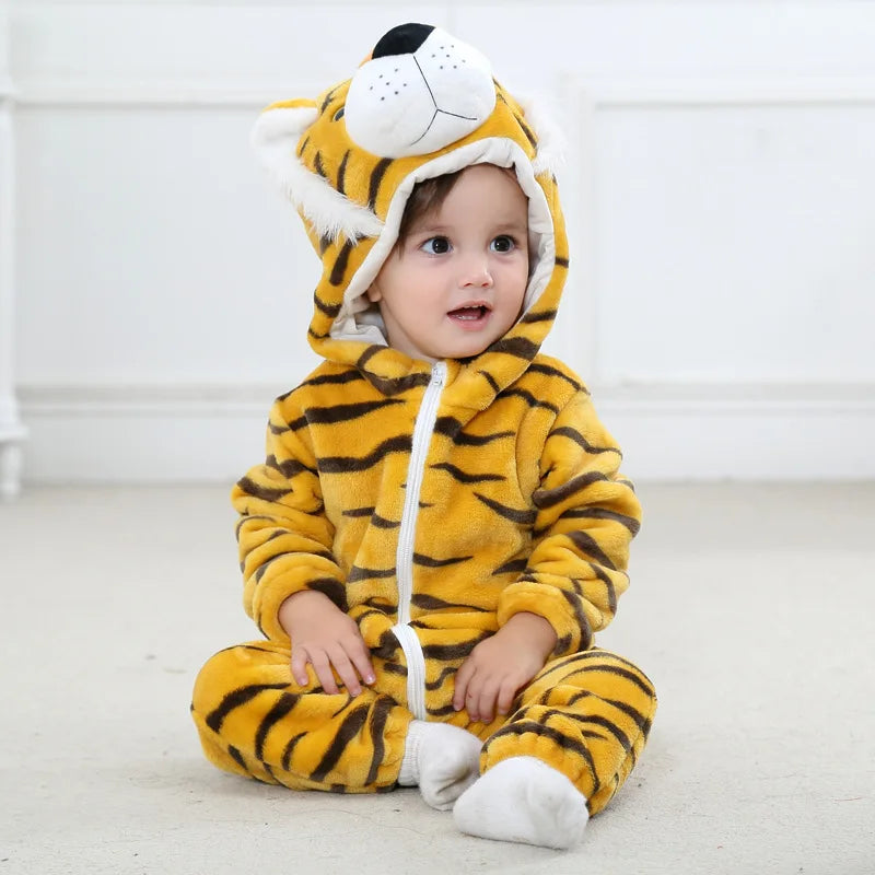 Animal Kigurumi Costume for Babies and Toddlers, Hooded Flannel Jumpsuit with Long Sleeves for Halloween Dress-Up and Family Photos