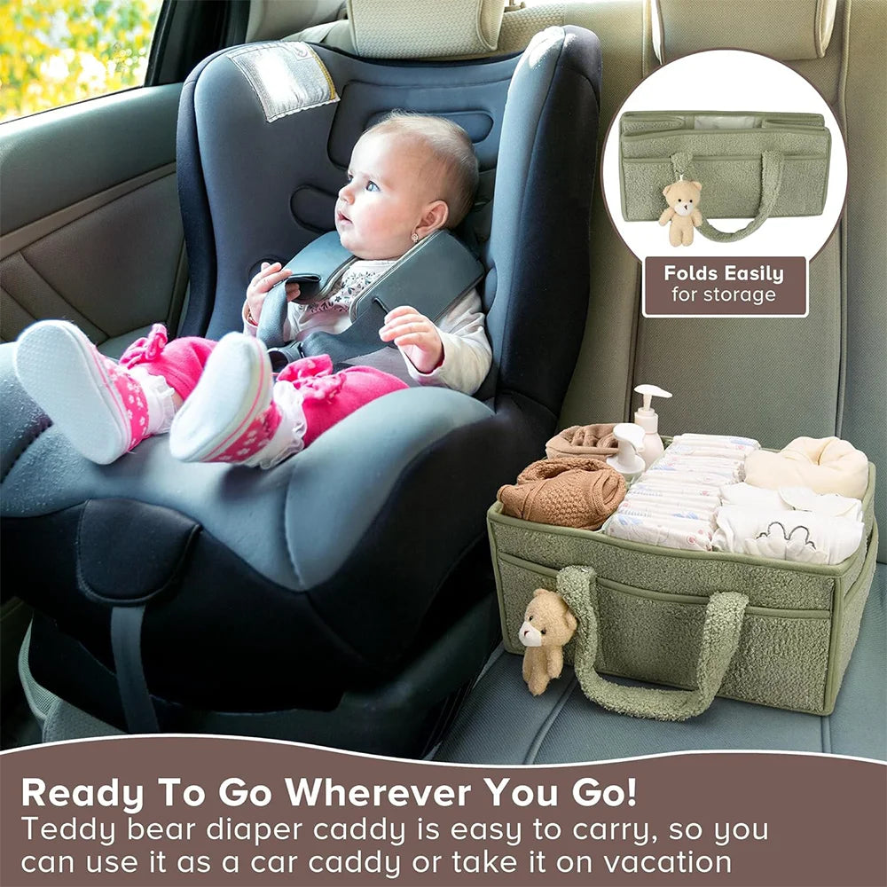 Plush Diaper Caddy with Carry Handles, Divided Compartments and Outer Pockets, Teddy Bear Nursery Organizer for Diapers and Baby Essentials