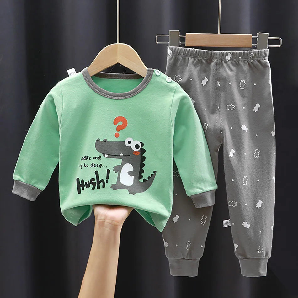 Dinosaur Print Kids Cotton Two-Piece Set with Long Sleeve Top and Matching Cuffed Pants, Unisex Baby and Toddler Outfit in Sizes 73-130