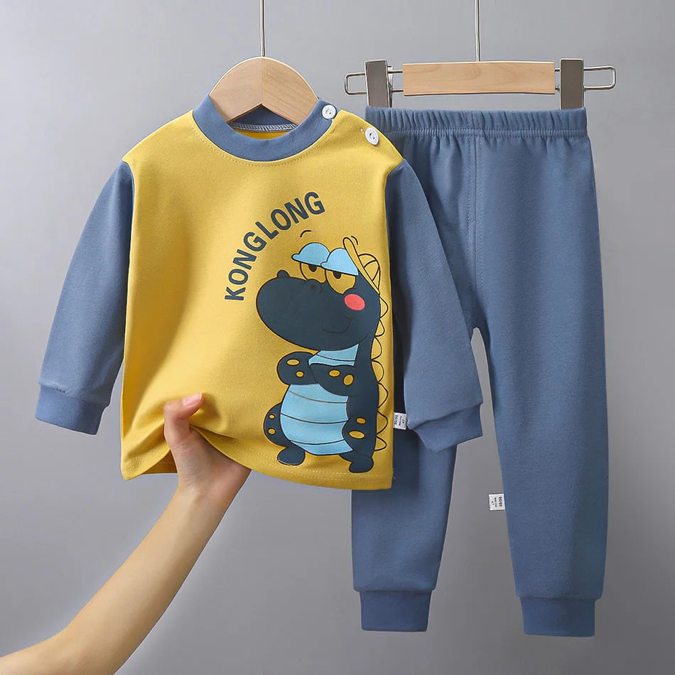 Dinosaur Print Kids Cotton Two-Piece Set with Long Sleeve Top and Matching Cuffed Pants, Unisex Baby and Toddler Outfit in Sizes 73-130
