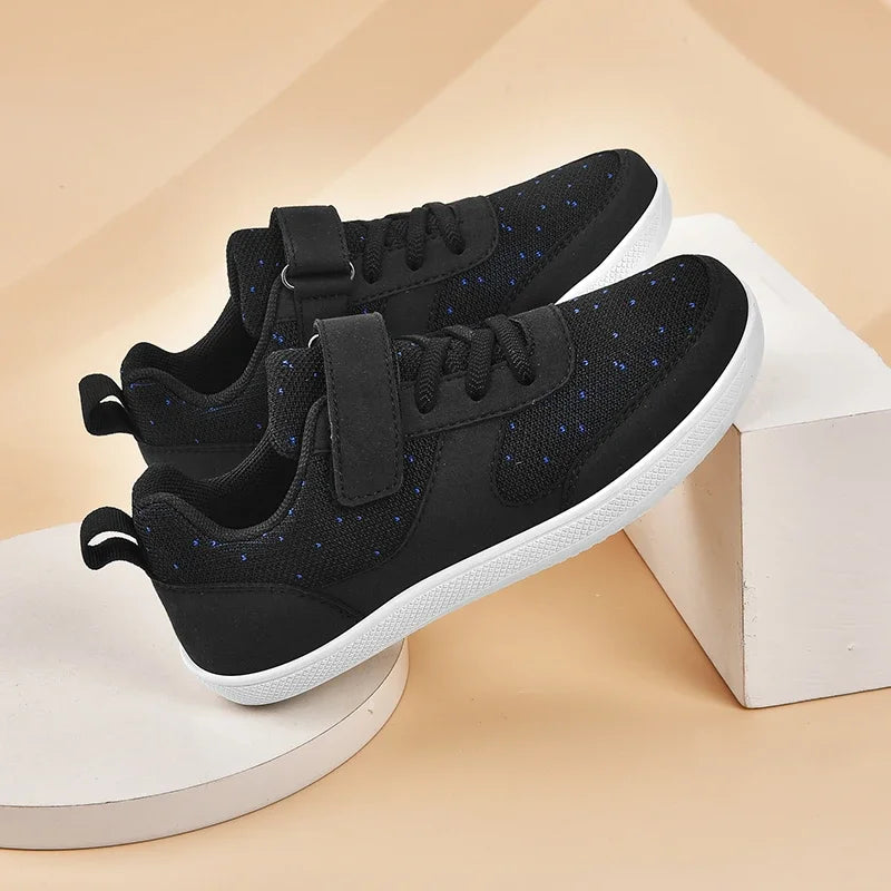 Kids Breathable Mesh Walking Shoes with Wide Toe Design, Hook-and-Loop Strap and Textured EVA Soles in Blue, Black, Pink or Grey