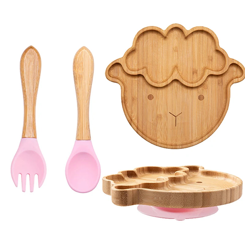 Baby Bamboo Suction Plate Set with Wooden-Handle Spoon and Fork, 3-Piece Cartoon Dinnerware with Divided Elephant Design for Toddler Meals
