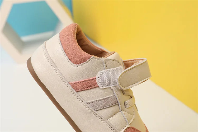 Toddler Microfiber Leather Sneakers with Hook-and-Loop Strap and Colorblock Trim, DIMI Baby Boys and Girls Casual Shoes in Blue Brown or Pink