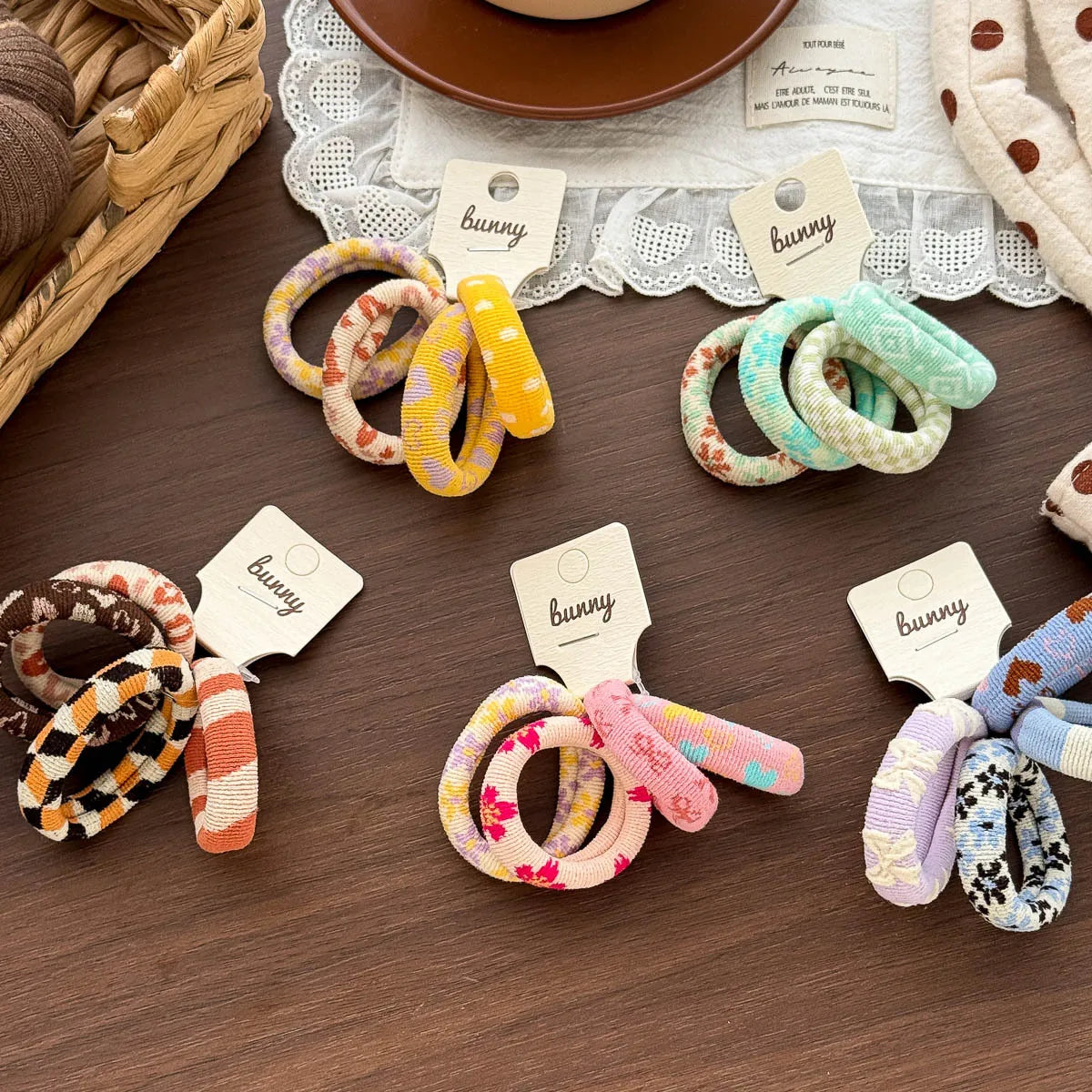 Floral and Plaid Hair Ties for Girls, Textured Elastic Ponytail Bands in Orange, Purple, Green, Yellow or Pink for Everyday Outfit Styling