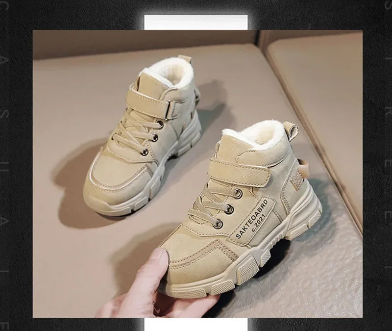 Kids Plush-Lined Winter Boots with Hook-and-Loop Ankle Strap and Lace-Up Front, Gray or Khaki High-Top Casual Shoes with Chunky Sole in Sizes 26–37