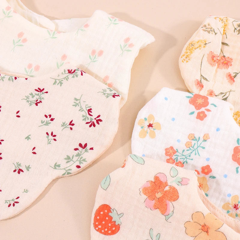 Floral Cotton Baby Bibs 5-Pack with Scalloped Edges, Korean-Style Newborn Drool Bib Set for Boys and Girls, Feeding and Baby Shower Gifts