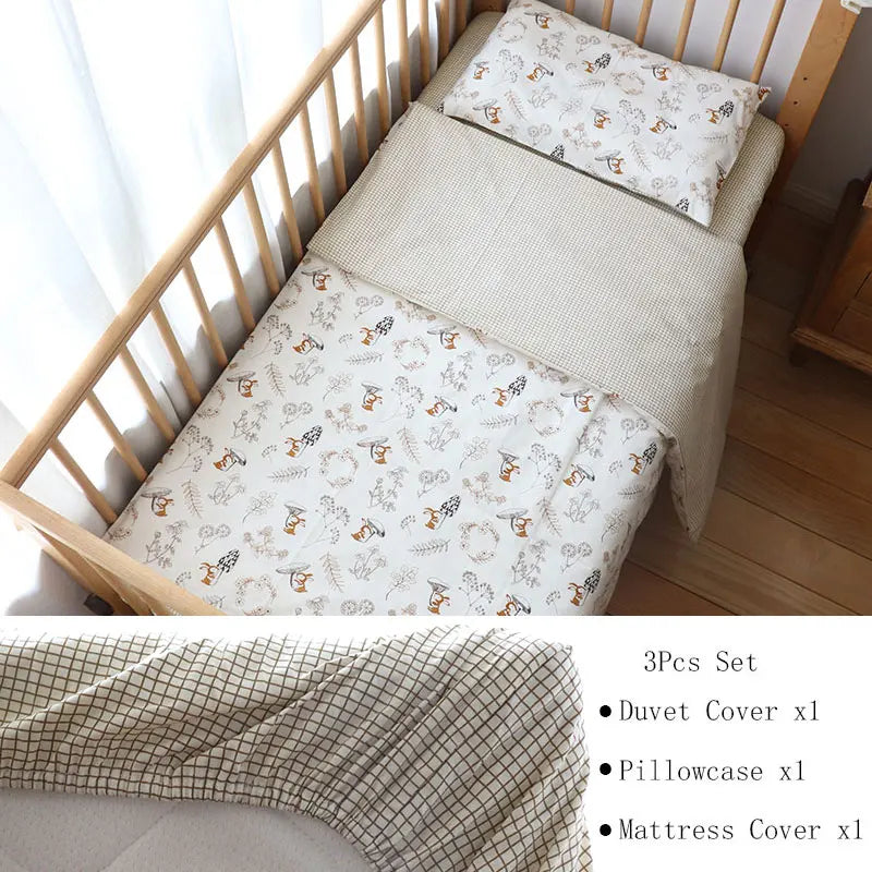 Cotton Toddler Bedding Set, 3-Piece Printed Duvet Cover and Pillowcase with Flat Sheet or Mattress Cover, Kids Room Bed Linens