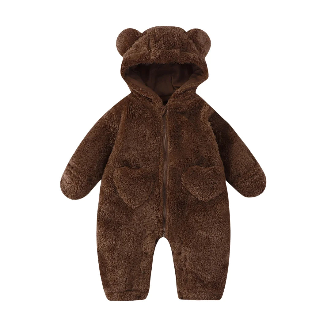 Bear Ear Baby Romper with Plush Texture and Heart Pockets, Hooded Zip Front One-Piece Outfit for Boys and Girls in Four Colors, 0-12 Months