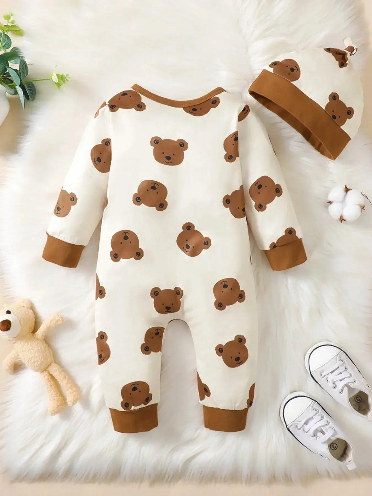 Bear Print Infant Romper with Long Sleeves and Front Fastenings, Contrast Trim and Footless Cuffs for Everyday Baby Outfits, Sizes 1-18 Months