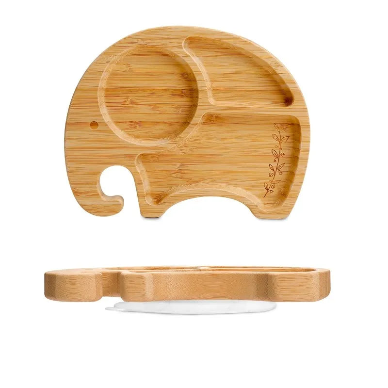 Bamboo Baby Tableware Set with Animal Plate Designs, Bowl, Cup and Wooden-Handle Utensil Options for Supervised Infant and Toddler Mealtimes