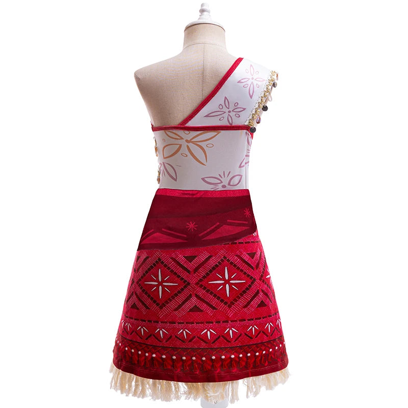 Ocean Princess Costume Dress for Girls with Necklace, Red Patterned Skirt and Fringe Trim for Halloween, Birthday Parties and Adventure Dress-Up