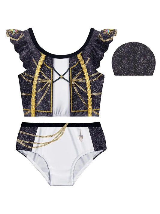 Girls Graphic Ruffle Swimsuit Set with Printed Top, Coordinating Bottoms and Swim Cap for Beach Vacations and Pool Days, Sizes 4-5Y to 11-12Y