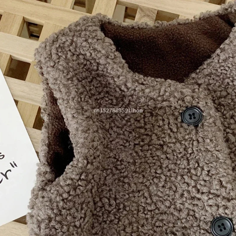 Toddler Faux Fur Vest with V-Neck and Button Front, Plush Sleeveless Waistcoat for Boys and Girls Ages 1-6, Fall and Winter Layering