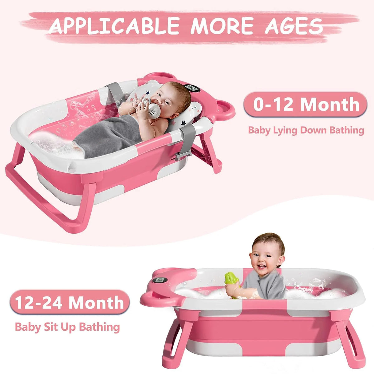 Travel Baby Bathtub with Thermometer and Soft Floating Cushion, Collapsible PP and TPE Bath Tub with Drain Plug for Supervised Infant and Toddler Bathing