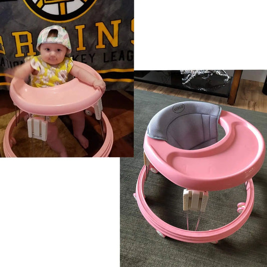 Foldable Seated Baby Walker in Pink with 5 Height Settings, Circular Wheeled Base, Tray and Seat for Indoor Use with Adult Supervision