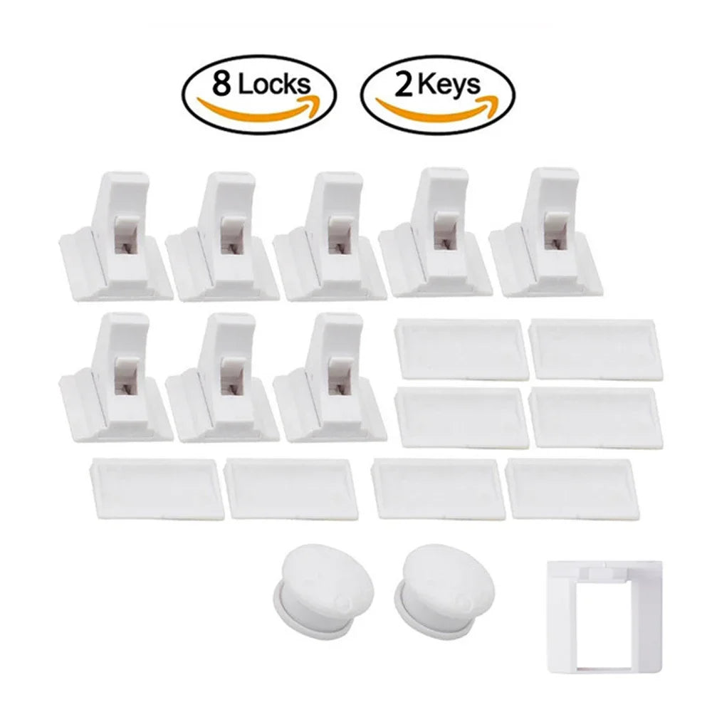 Magnetic Cabinet Safety Locks with Hidden Interior Latches and No-Drill Adhesive Installation for Compatible Drawers and Cupboard Doors