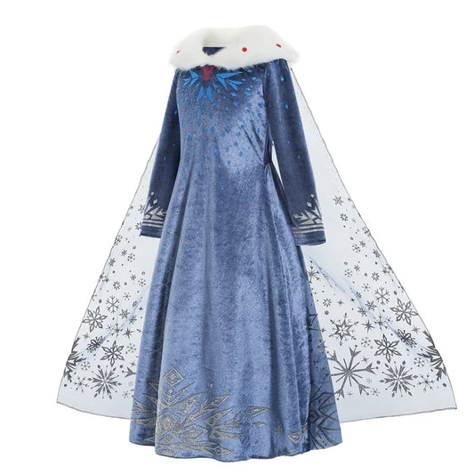 Snow Queen Princess Dress for Girls, Long Sleeve Elsa Inspired Costume with Snowflake Cape for Birthday Parties and Dress Up, Ages 2-10