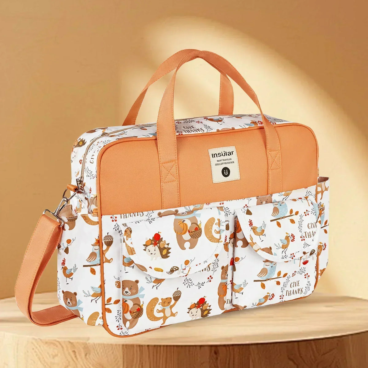 Diaper Tote Bag with Wide Opening and Printed Front Pockets, Large Capacity Baby Essentials Organizer for Moms, Travel and Everyday Outings