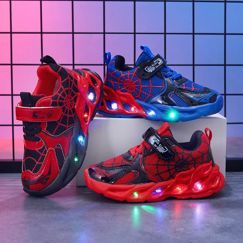 Motion-Activated Light-Up Sneakers for Kids, MGO Breathable Mesh Shoes with Spider-Web Pattern and LED Soles in Red, Blue or Black