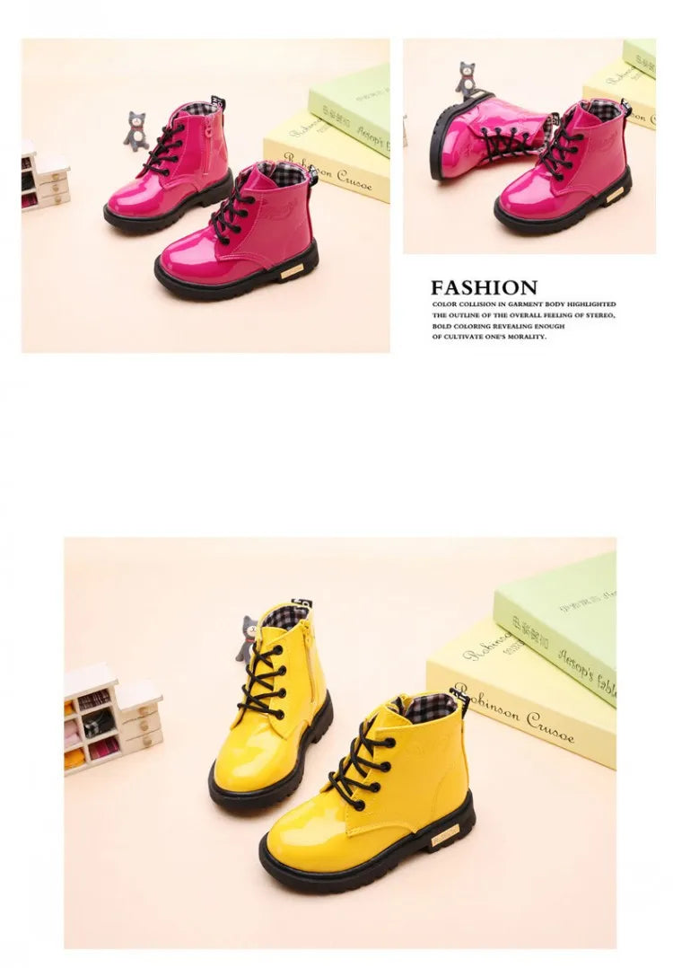 Kids Lace-Up Ankle Boots in PU Leather, Glossy Fashion Shoes for Boys and Girls with Black Soles, Five Colors and Sizes 21–37 for Spring and Fall