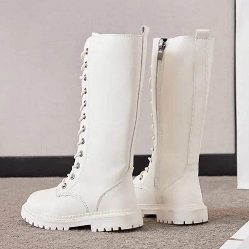 Lace-Up Knee-High Boots for Girls with Side Zippers and Chunky Soles, Black or Beige Motorcycle-Inspired Tall Fashion Shoes, Sizes 27–37