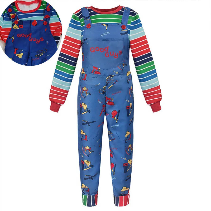 Chucky Halloween Costume Set with Multicolor Striped Shirt and Blue Printed Overalls for Kids and Adults, Cosplay and Costume Parties