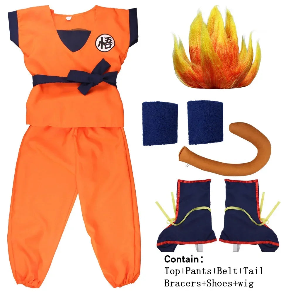 Orange Anime Gi Costume for Kids and Adults, Goku-Inspired Polyester Top and Pants with 5, 6 or 7-Piece Accessory Options for Halloween and Cosplay