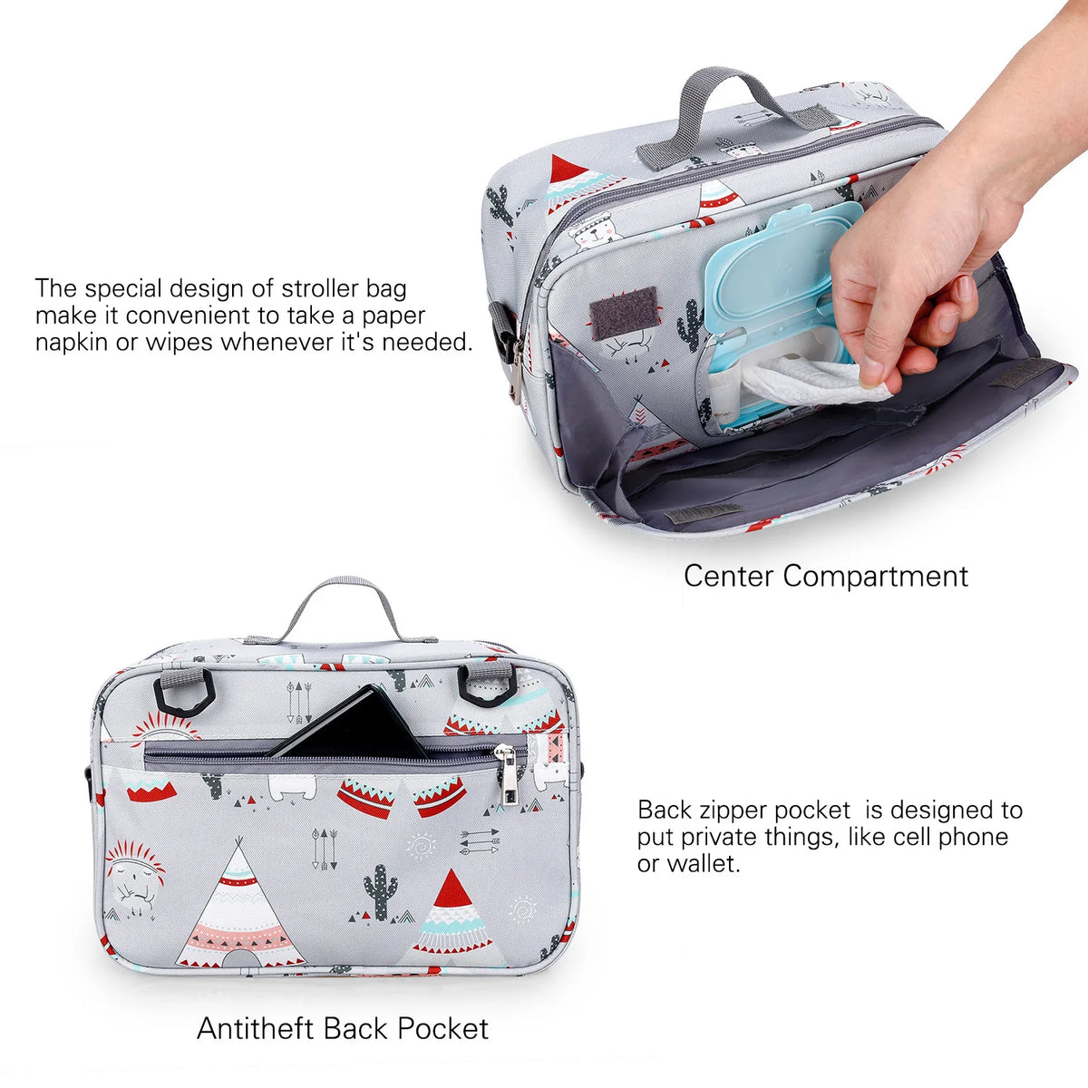 Baby Diaper Bag Wet Dry Storage Pouch with Printed Designs, Reusable Organizer for Diaper Changes, Baby Essentials and Everyday Outings